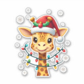 Cute Giraffe Christmas Lights Santa Hat Xmas Pajam シール (正面)