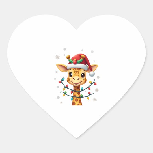 Cute Giraffe Christmas Lights Santa Hat Xmas Pajam ハートシール (正面)