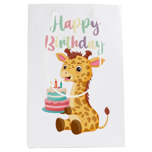 Cute Giraffe Happy Birthday Kids (Personalise) ミディアムペーパーバッグ (正面)