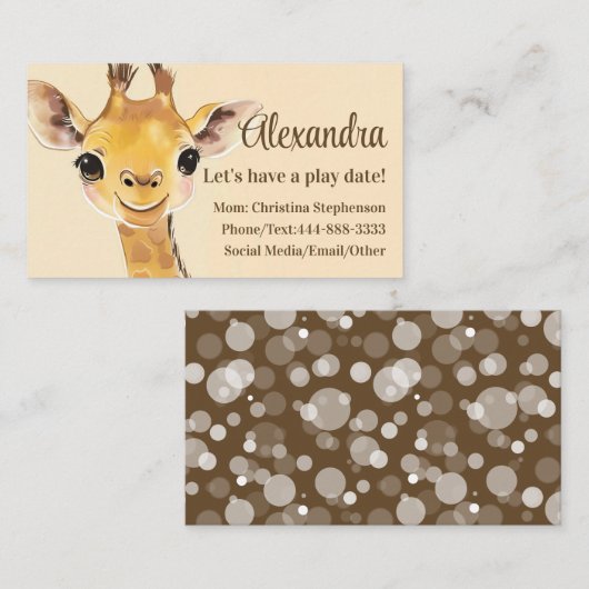 Cute Giraffe Kids Name Childrens Play Date Calling 名刺 (正面/裏面)