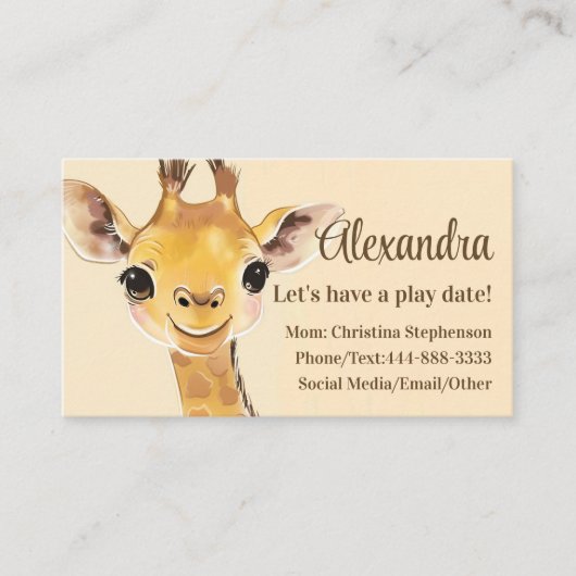 Cute Giraffe Kids Name Childrens Play Date Calling 名刺 (正面)