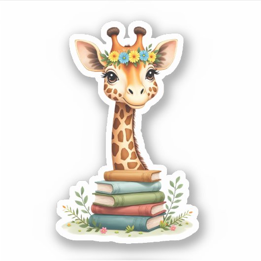 Cute Giraffe With Book Floral Bookworm Librarian B シール (正面)