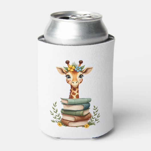 Cute Giraffe With Book Floral Bookworm Librarian B 缶クーラー (缶正面)