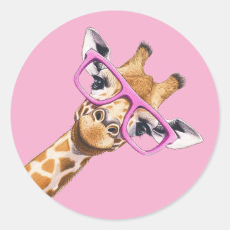 Cute Giraffe with Pink Glasses Aesthetic Sticker ラウンドシール