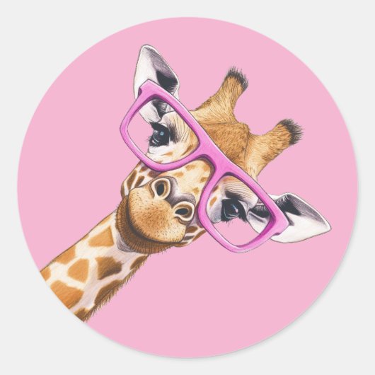 Cute Giraffe with Pink Glasses Aesthetic Sticker ラウンドシール (正面)