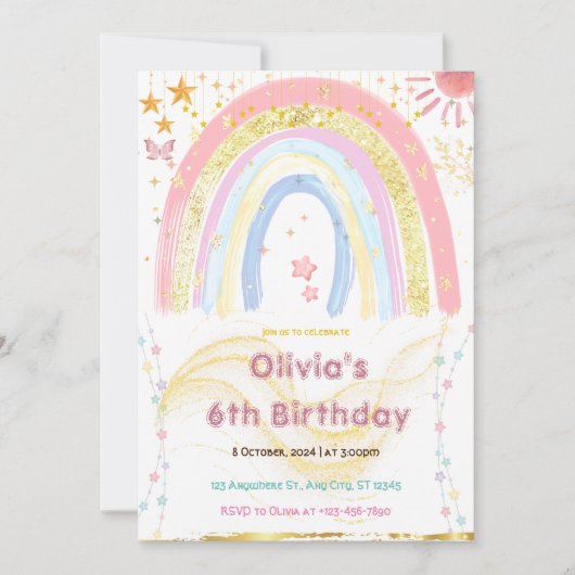 Cute Girl Abstract Rainbow Any Age Birthday 招待状 (正面)