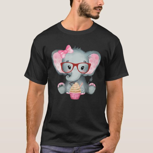 Cute Girl Baby Elephant Wearing Bow Tie & Glasses  Tシャツ (正面)