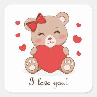 Cute girl bear holding heart sticker スクエアシール