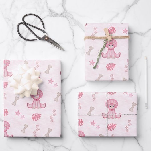 Cute Girl Birthday Pink Dinosaur ラッピングペーパーシート (正面)