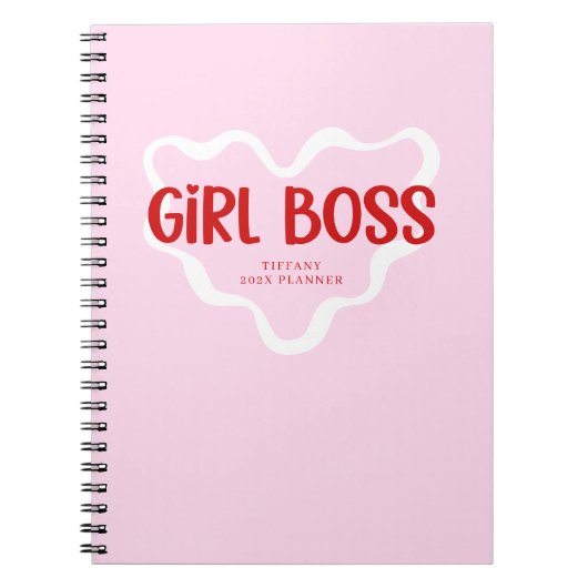 Cute Girl Boss Pink and Red Custom Name Year ノートブック (正面)