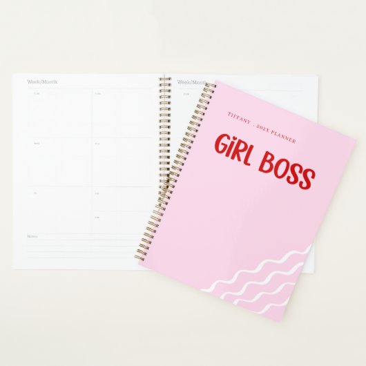 Cute Girl Boss Pink and Red Custom Name Year プランナー手帳 (ディスプレー)