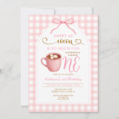 Cute Girl Bow Hot Cocoa 1st birthday Pink Gingham 招待状 (正面)