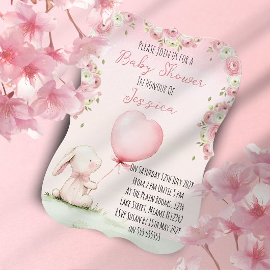 Cute Girl Bunny Baby Shower Invitation 招待状