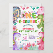 Cute Girl Dinosaur 1st Birthday Invitation 招待状 (正面)