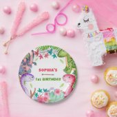 Cute Girl Dinosaur 1st Birthday Party ペーパープレート (パーティー)