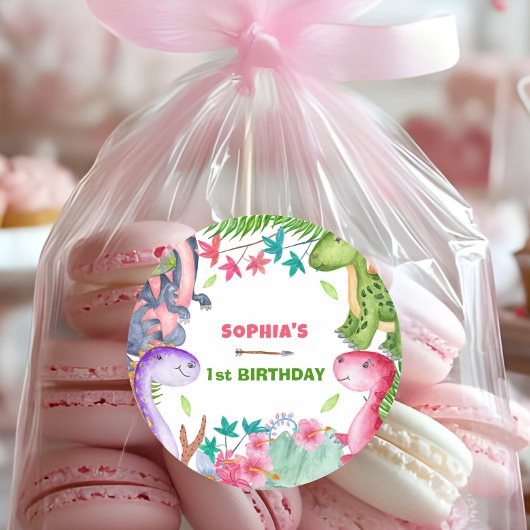 Cute Girl Dinosaur 1st Birthday Party ラウンドシール