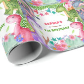 Cute Girl Dinosaur 1st Birthday Party ラッピングペーパー (ロールコーナー)