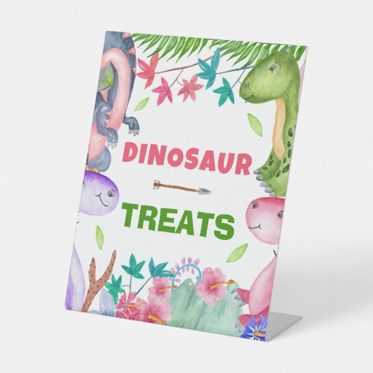 Cute Girl Dinosaur 1st Birthday Party Treats 台座サイン (正面)