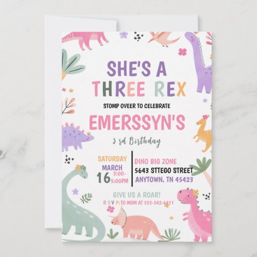 Cute Girl Dinosaur 3rd Birthday 招待状 (正面)