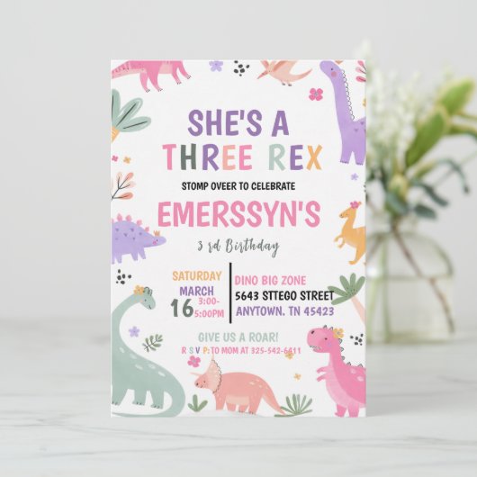 Cute Girl Dinosaur 3rd Birthday 招待状 (スタンド正面)