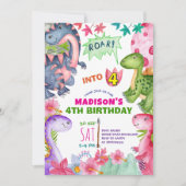 Cute Girl Dinosaur 4th Birthday Invitation 招待状 (正面)