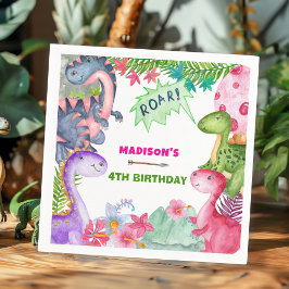 Cute Girl Dinosaur 4th Birthday Party スタンダードカクテルナプキン