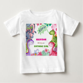 Cute Girl Dinosaur 4th Birthday Party ベビーTシャツ
