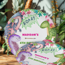 Cute Girl Dinosaur 4th Birthday Party ペーパープレート