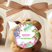 Cute Girl Dinosaur 4th Birthday Party ラウンドシール