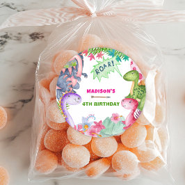 Cute Girl Dinosaur 4th Birthday Party ラウンドシール