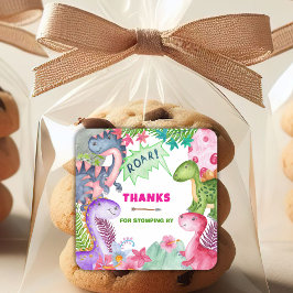 Cute Girl Dinosaur 4th Birthday Thank You スクエアシール