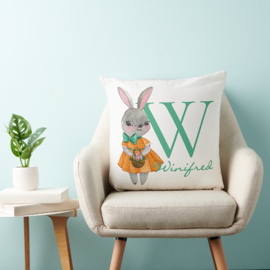 Cute Girl Easter Bunny Initial & Name Throw Pillow クッション (椅子)