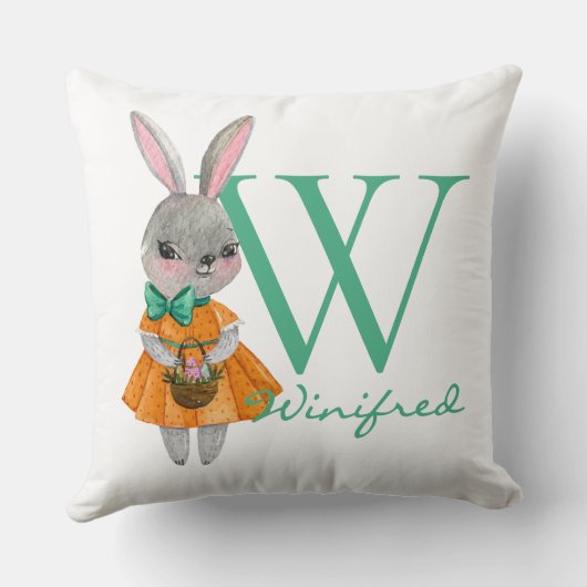 Cute Girl Easter Bunny Initial & Name Throw Pillow クッション (裏面)