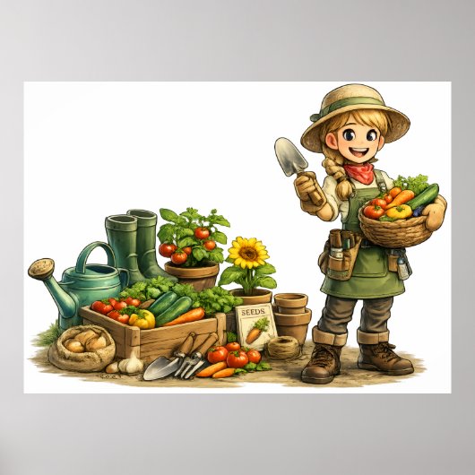 Cute Girl Gardener Harvesting Vegetables Art ポスター (正面)