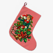 cute girl green dress holly candy canes Xmas art ラージクリスマスストッキング (正面 (吊り時))