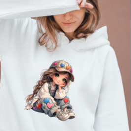 Cute Girl in Heart Patch Outfit Kawaii Art Tシャツ