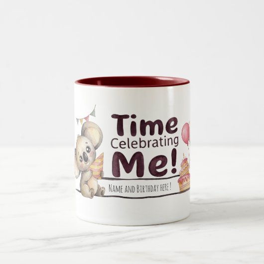 Cute Girl Koala Birthday Custom Name Coffee Mug ツートーンマグカップ (中央)