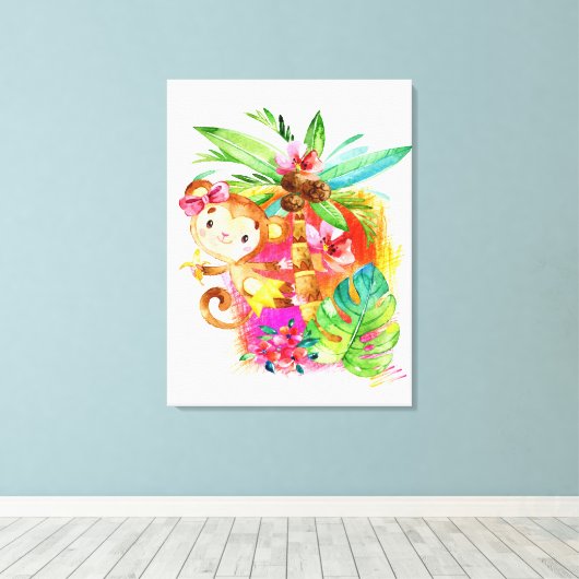 Cute Girl Monkey Climbing Tree キャンバスプリント (インサイチュ (ウッドフロア))