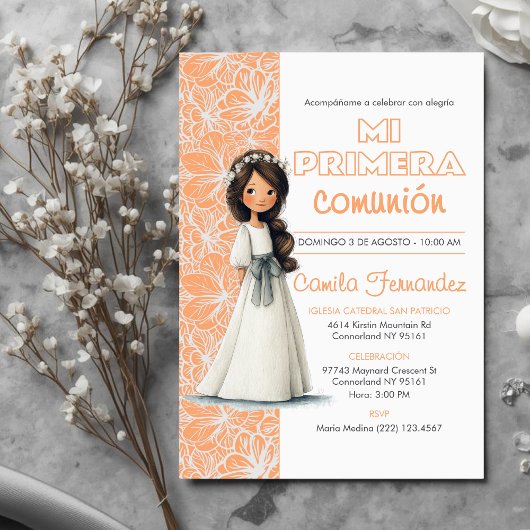 Cute Girl Peach Background Spanish First Communion 招待状