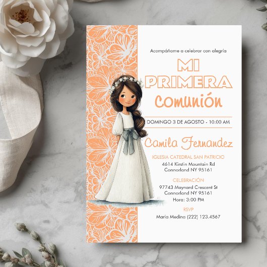 Cute Girl Peach Background Spanish First Communion 招待状