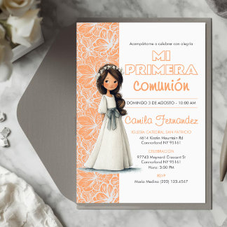 Cute Girl Peach Background Spanish First Communion 招待状