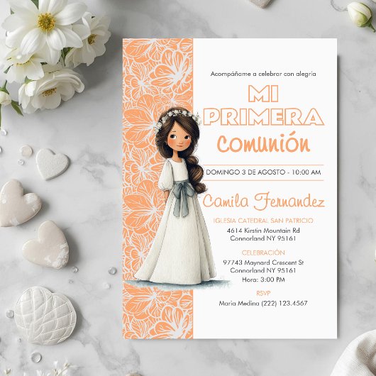 Cute Girl Peach Background Spanish First Communion 招待状