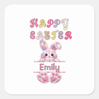 Cute Girl Personalize Happy Easter Bunny スクエアシール