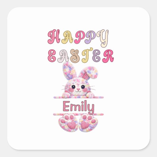 Cute Girl Personalize Happy Easter Bunny スクエアシール (正面)