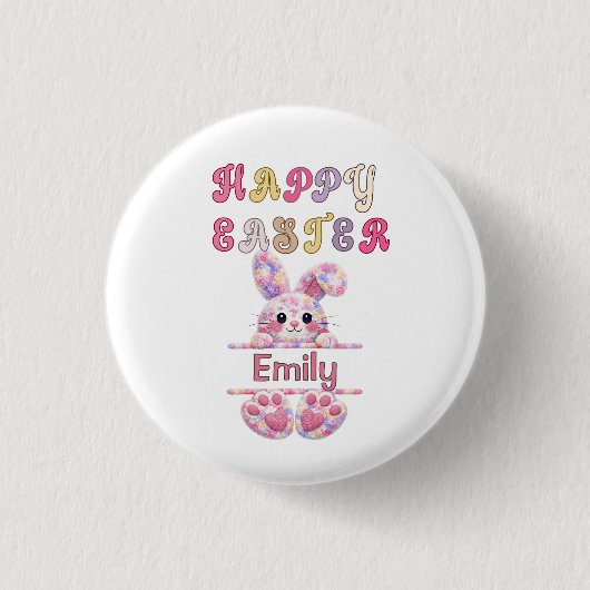 Cute Girl Personalize Happy Easter Bunny 缶バッジ (正面)