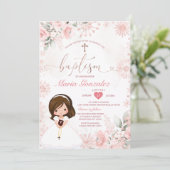 Cute Girl Pink Rose Gold Floral Snowflake Baptism 招待状 (スタンド正面)