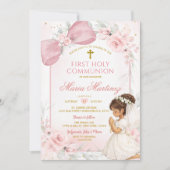 Cute Girl Praying Pink Bow First Holy Communion 招待状 (正面)