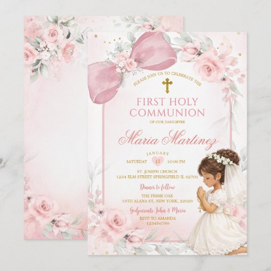 Cute Girl Praying Pink Bow First Holy Communion 招待状 (正面/裏面)