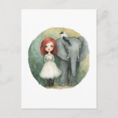 Cute Girl Red Hair With Elephant and Bird ポストカード (正面)