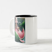 Cute Girl Riding a Watermelon Whale ツートーンマグカップ (正面左)